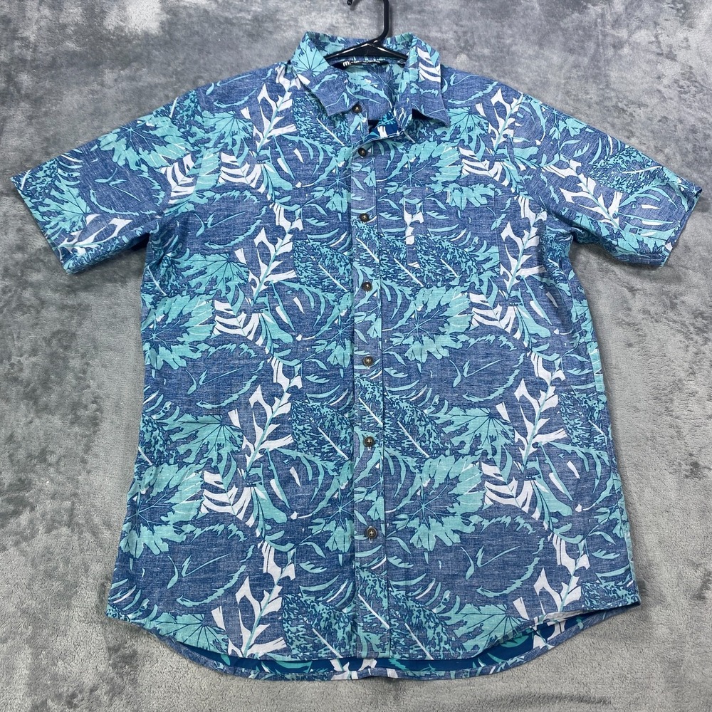 Travis Mathew Shirt Mens Medium Blue Hawaiian Short Sleeve Golf Leaf Print